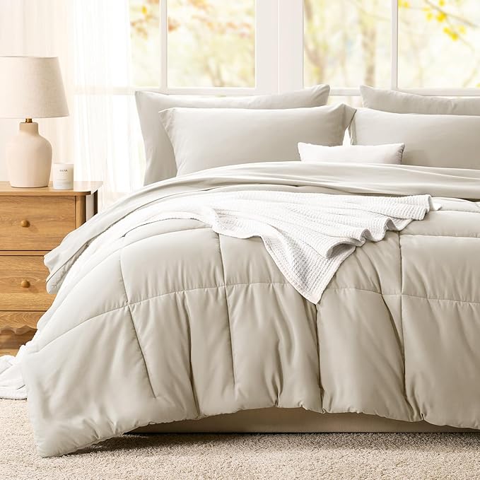 CozyLux King Size Comforter Set Oatmeal - 7 Pieces Bed in a Bag King, Okeo-Tex Certifited Bedding Set, All Season Soft Bed Set with Down Alternative Comforter, Sheets, Pillowcases & Pillow Shams