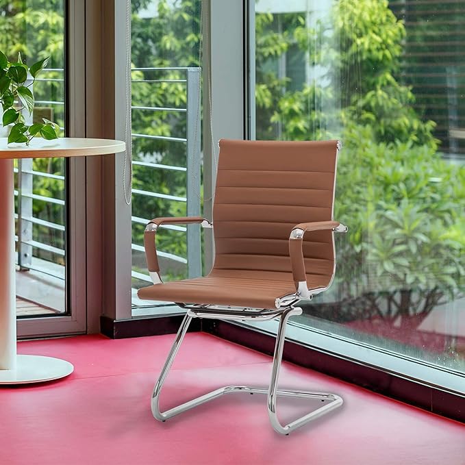 Office Desk Chair Set of 8,No Wheels PU Leather Computer Chairs Mid Back Guest Chairs with Seld Base for School/Reception/Conference/Waiting Room,Cafe
