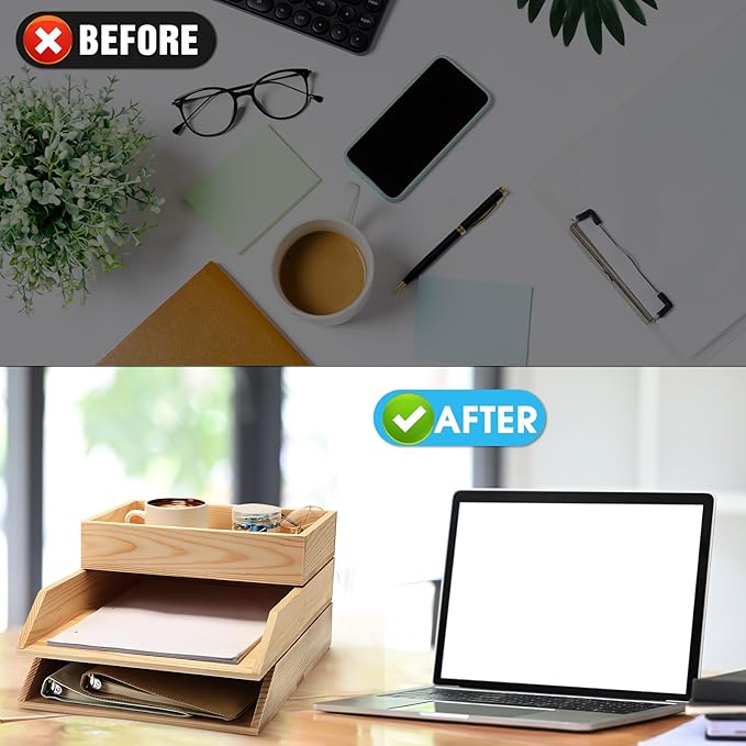 3 Pcs Wooden Letter Trays, Wood Letter-Size Desk Organizer, Heavy Duty 3 Tier Stackable Support Paper Tray Tabletop Inbox Drawer Desktop Organizer for File Folder Magazine Office (Light Brown)