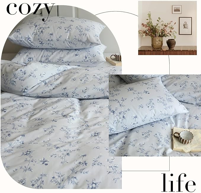 HighBuy Blue Floral Duvet Cover Twin XL Kids Girl Bedding Set Cottagecore Comforter Cover with 2 Pillowcases 100% Cotton Flower Duvet Cover Twin XL Aesthetic Bedding Set with Zipper and Corner Ties
