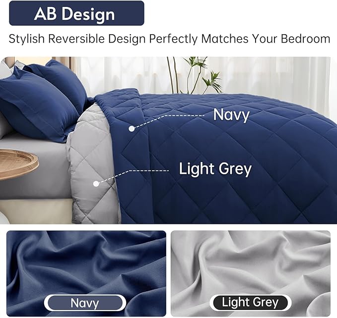 MUXHOMO 5 Pieces Twin Comforter Set, Reversible Bed in a Bag Twin Size, All Season Bedding Set with Comforter, Flat Sheet, Fitted Sheet, Pillowcases & Shams, Navy & Light Grey