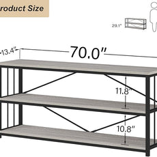 HSH Low Bookshelf, Wood Metal 3 Tier Long Horizontal Bookcase, Large Open Etagere Bookshelves with Storage for Bedroom, Farmhouse Wide Book Shelf for Home Office Living Room, Light Grey Oak, 70 Inch