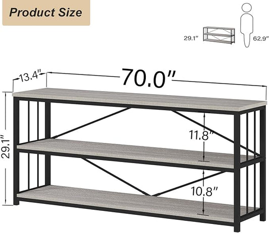 HSH Low Bookshelf, Wood Metal 3 Tier Long Horizontal Bookcase, Large Open Etagere Bookshelves with Storage for Bedroom, Farmhouse Wide Book Shelf for Home Office Living Room, Light Grey Oak, 70 Inch