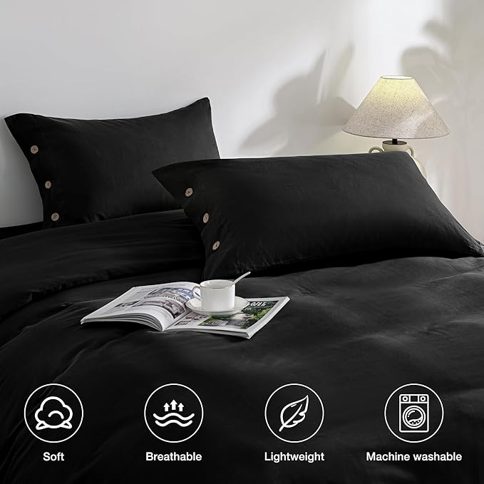 JELLYMONI Pillowcases Standard Set of 2 Cotton Button Pillow Covers 20×26in Pure Black Bed Pillow Cases 100% Washed Cotton Soft Breathable (Pillows are not Included)