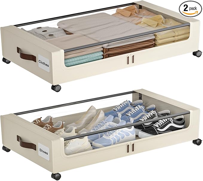 Under Bed Storage with Wheels,XXL 60L Under Bed Storage Containers with Clear Lids, Rolling Under Bed Metal Drawer for Clothes, Shoes,Toys (White, 2 Pack)