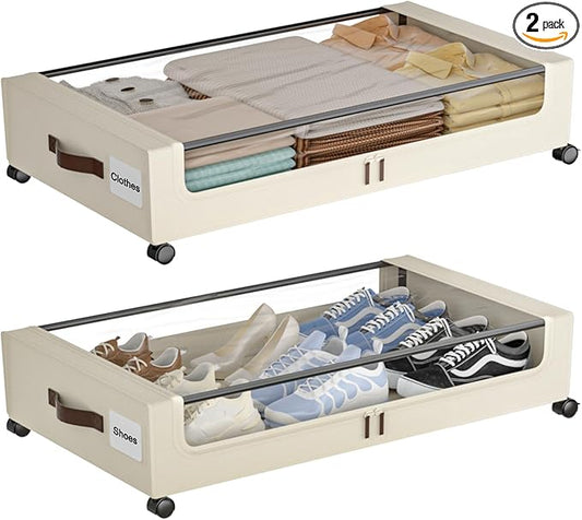 Under Bed Storage with Wheels,XXL 60L Under Bed Storage Containers with Clear Lids, Rolling Under Bed Metal Drawer for Clothes, Shoes,Toys (White, 2 Pack)