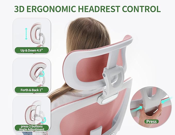 Office Chair Ergonomic Desk Chair, 4000 LBS Home Mesh Office Desk Chairs with Wheels, Computer Chair, Comfortable Gaming Chair with 3D Headrest, High Back Office Chair for Long Hours (Pink)