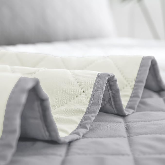 Easy-Going Twin Size Reversible Quilt Set with 1 Quilt and 1 Pillow Shams, Soft Bed Quilt Cover, Water Resistant Lightweight Microfiber Bedspread, Stain Resistant, Light Gray/Ivory