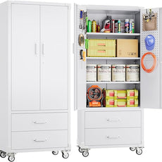 SUXXAN Rolling Storage Cabinet with 2 Doors and 2 Drawers, Heavy Duty Metal Storage Cabinet with Shelves, Locking Steel Cabinet for Warehouse, Home, Office (White)