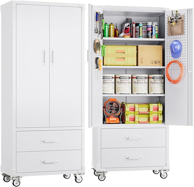 SUXXAN Rolling Storage Cabinet with 2 Doors and 2 Drawers, Heavy Duty Metal Storage Cabinet with Shelves, Locking Steel Cabinet for Warehouse, Home, Office (White)