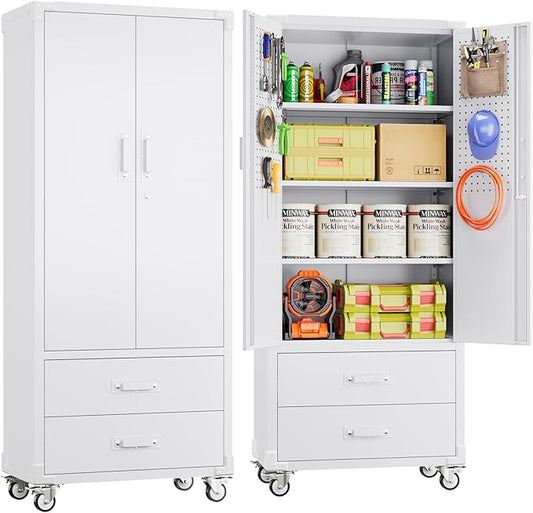 SUXXAN Rolling Storage Cabinet with 2 Doors and 2 Drawers, Heavy Duty Metal Storage Cabinet with Shelves, Locking Steel Cabinet for Warehouse, Home, Office (White)