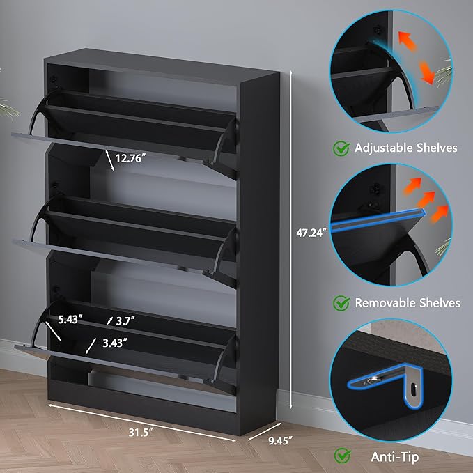 Shoe Cabinet with 3-Flip Mirror Drawers, Freestanding Shoe Rack Organizer with Hidden Handle, Slim Narrow Shoe Storage Cabinet for Entryway, Entrance, Hallway, Bedroom