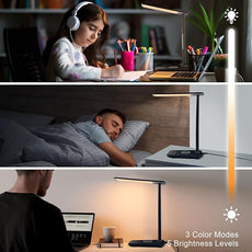 Desk Lamp, Desk Light with Wireless Charger, USB Charging Port, Dimmable Office Desk Lamp with Clock, Alarm, Date, Temperature, Foldable Table Lamp for Table Bedroom Bedside Office (Black PRO)