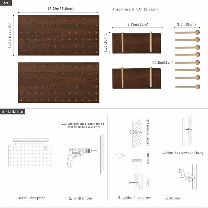 Wooden Pegboard Modular Display Organization Storage Wall Hooks Shelf(Color：Walnut)