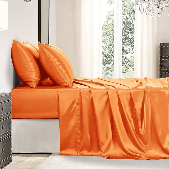 Satin Sheets Queen Size - 6 Pieces Luxury Silky Soft Bed Sheets, Wrinkle-Free Burnt Orange Satin Silk Sheet Set with 1 Deep Pocket Fitted Sheet, 1 Flat Sheet, 4 Pillow Cases