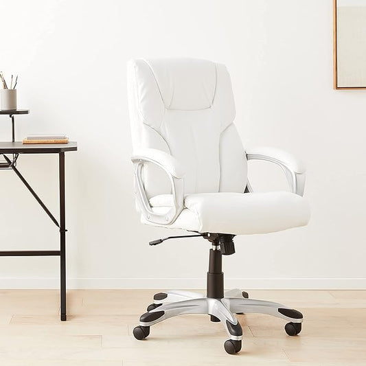 Amazon Basics Executive High Back Office Desk Chair, Adjustable Height, Tilt, Swivel, one Size, White/Pewter