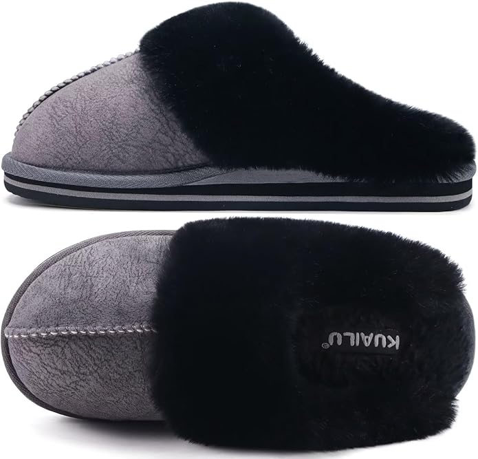 KuaiLu Womens Fluff Dual Memory Foam Slippers Ladies Cozy Arch Support Warm Scuff Slippers Slip on Comfy Winter House Shoes with Non-Slip Indoor Outdoor Hard Sole