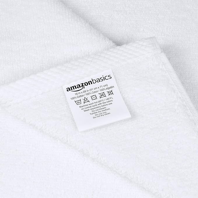Amazon basics 100% cotton Lightweight quick-dry hand towels, 8-pack, White, 28" x 16"