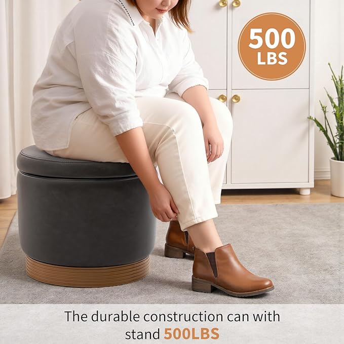 Round Storage Ottoman,Swivel Vanity Stool-Smooth Faux Leather Foot Rest,Footstool Pouf with Sturdy Acacia Wood Frame(500lbs),Small Coffee Table & Hidden Storage Ottoman for Living Room