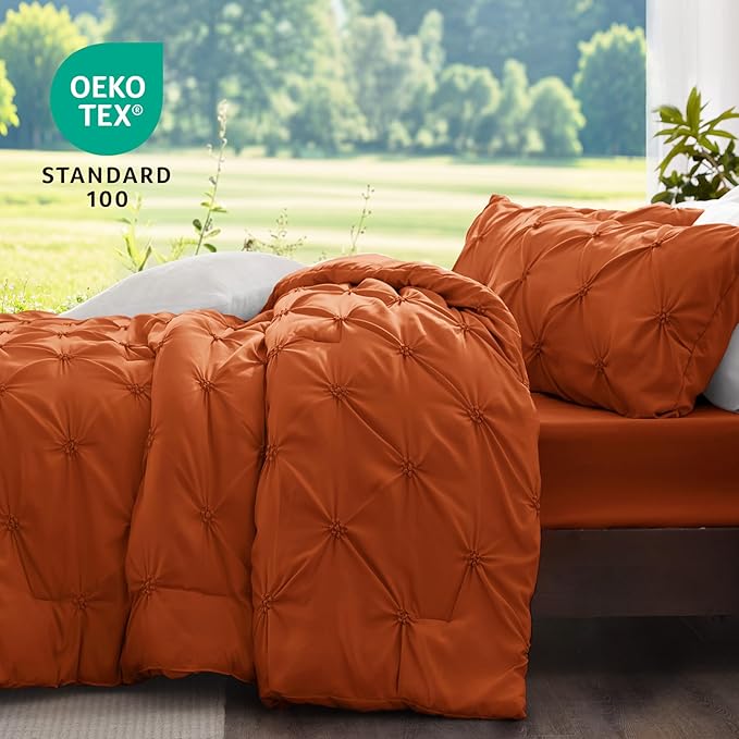 BEDELITE Burnt Orange King Size Comforter Set - 3 Pieces Boho Pintuck Bedding Comforter Sets, Lightweight Soft & Warm King Bedding Set with 2 Pillowcases for All Season