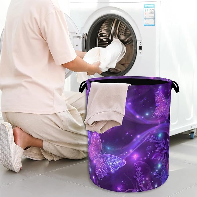 Purple Butterfly Laundry Hamper,Sparkling Dirty Clothes Laundry Basket with Handles Waterproof Oxford Cloth Storage Basket for College Dorms Bathroom Bedroom 16" x 20.8"