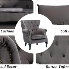 Mid Century Accent Chair Modern Button Tufted Armchair Wingback Club Chair Velvet Single Sofa Lounge Chair with Pillow for Living Room Bedroom, Grey