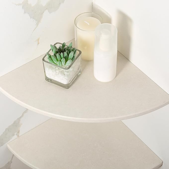 Koville 2 Pcs Marble Corner Shower Shelves for Bathroom, 10'' Marble Corner Shelf for Bath, Wall Mounted Stone Shower Caddy, No Drilling Adhesive Bathroom Shelf - Sahara Sand (No Glue Included)