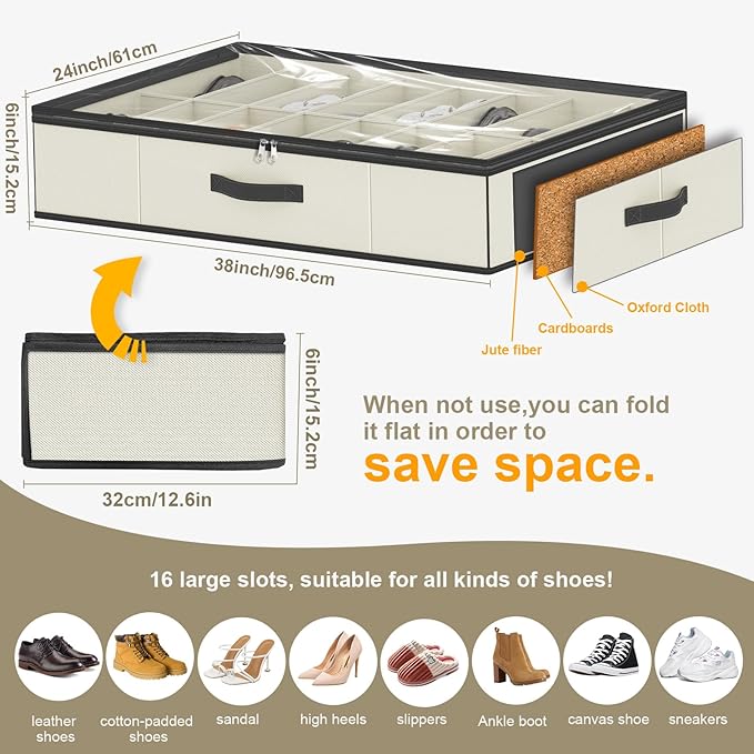 homyfort 32 Pairs Shoe Organizer Under Bed, Sturdy Underbed Shoe Storage Boxes Bins, Organizador De Zapatos, Extra Large Zapateras Organizer, Beige, Set of 2