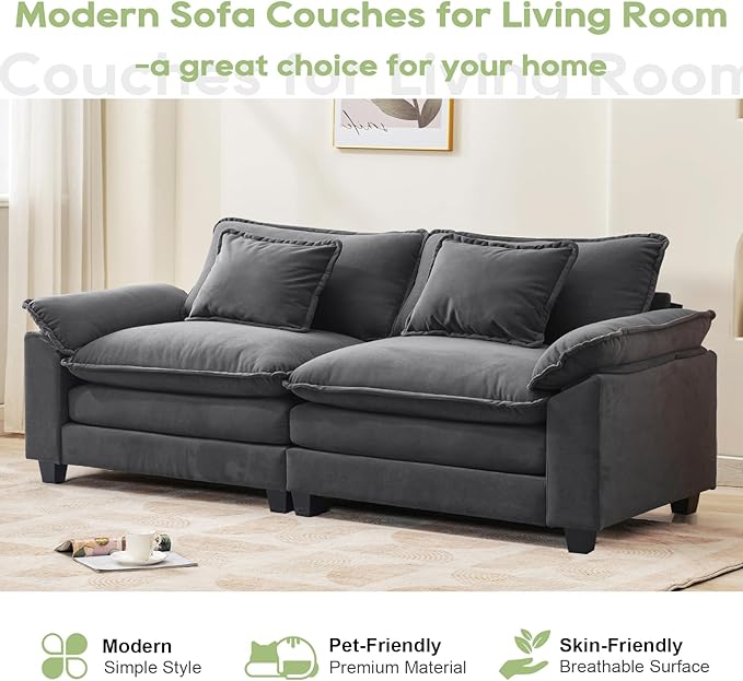 86" Modular Sectional Sofa, Comfy Cloud Couch Sectional Sofa with Ottoman, Velvet Sofa Sleeper Deep Seat Sofa with Throw Pillows for Living Room (Blue Gray, 86"- Loveseat)