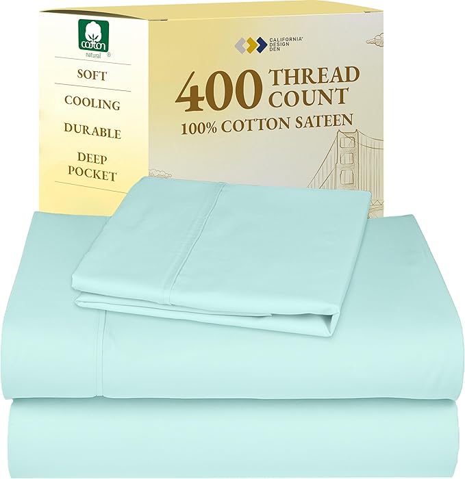 California Design Den Soft Twin Sheets Set - 400 Thread Count Sateen, 100% Cotton Sheets, Deep Pockets, and Durable Bedding Set for Dorm Rooms & Adults - Seafoam