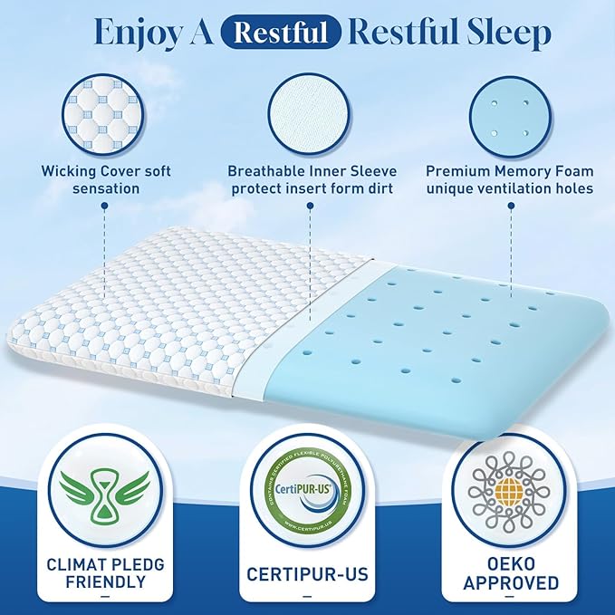 CloudBliss Ultra Slim 3.3” Pillows for Side | Back | Stomach Sleepers, Memory Foam Flat Pillow, Low Profile Sleeper Pillows with Double Sided Comfortable Breathable Pillow Cover, Standard