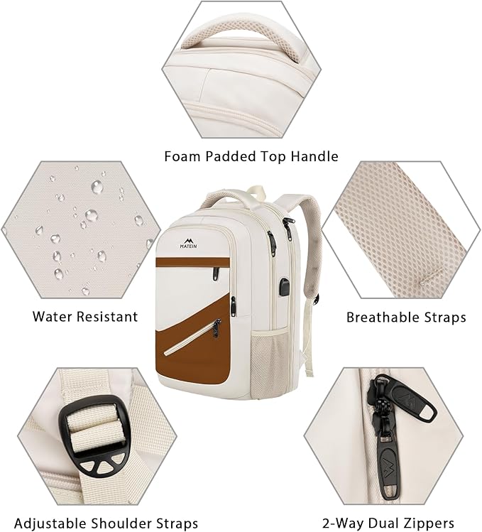 MATEIN 17.3 Inch Womens Laptop Backpack, Water Resistant Work Business Backpack with Multiple Pockets Fits 17 Inch Computer Notebook, Spacious Commute Bag TSA Approved and Comfortable, Beige Brown