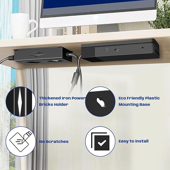 Under Desk Mount for Dell WD19 / WD19S / WD19TBS / WD19TB / WD22TB4 Dock + Power Bricks (for 180W and 130W), Docking Station & Power Bricks Holder