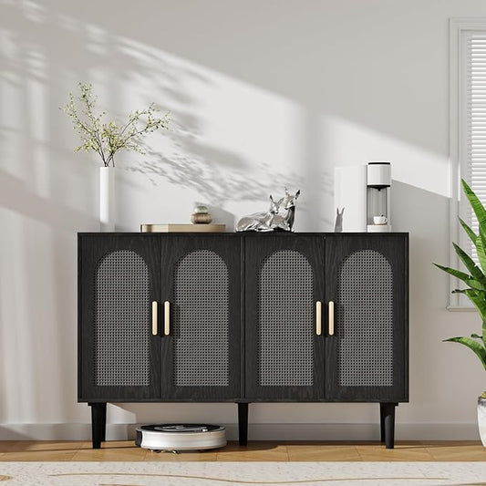FONTOI Sideboard Cabinet with Rattan Doors, 4 Door Credenza Buffet Cabinet with Storage, Modern Large Kitchen Accent Cabinets for Entryway Living Room & Dining Room, Black Grey