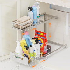 Under Sink Organizer Storage Heavy Duty Metal Slide Out Sink Shelf Organizer Height Adjustable, Multi-Purpose Storage Shelf for Kitchen Bathroom (Silver,1Pack)