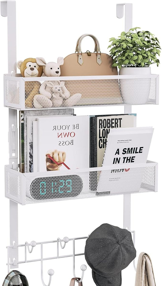 Consumest Over The Door Organizer Hooks, Door Hanger with 9 Coat Hooks & 2 Mesh Basket, Rustproof Back Storage Organizer for Bathroom, Kitchen, Bedroom-White (for 1.76in Doors)