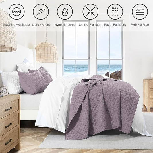 HORIMOTE HOME Quilt King Size Grayish Purple, Lightweight Quilt for Summer, Ultra-Soft Microfiber Modern Style Quilted Clouds Pattern Bedspread Quit Set 3 Pieces(1 Quilt and 2 Pillow Shams)