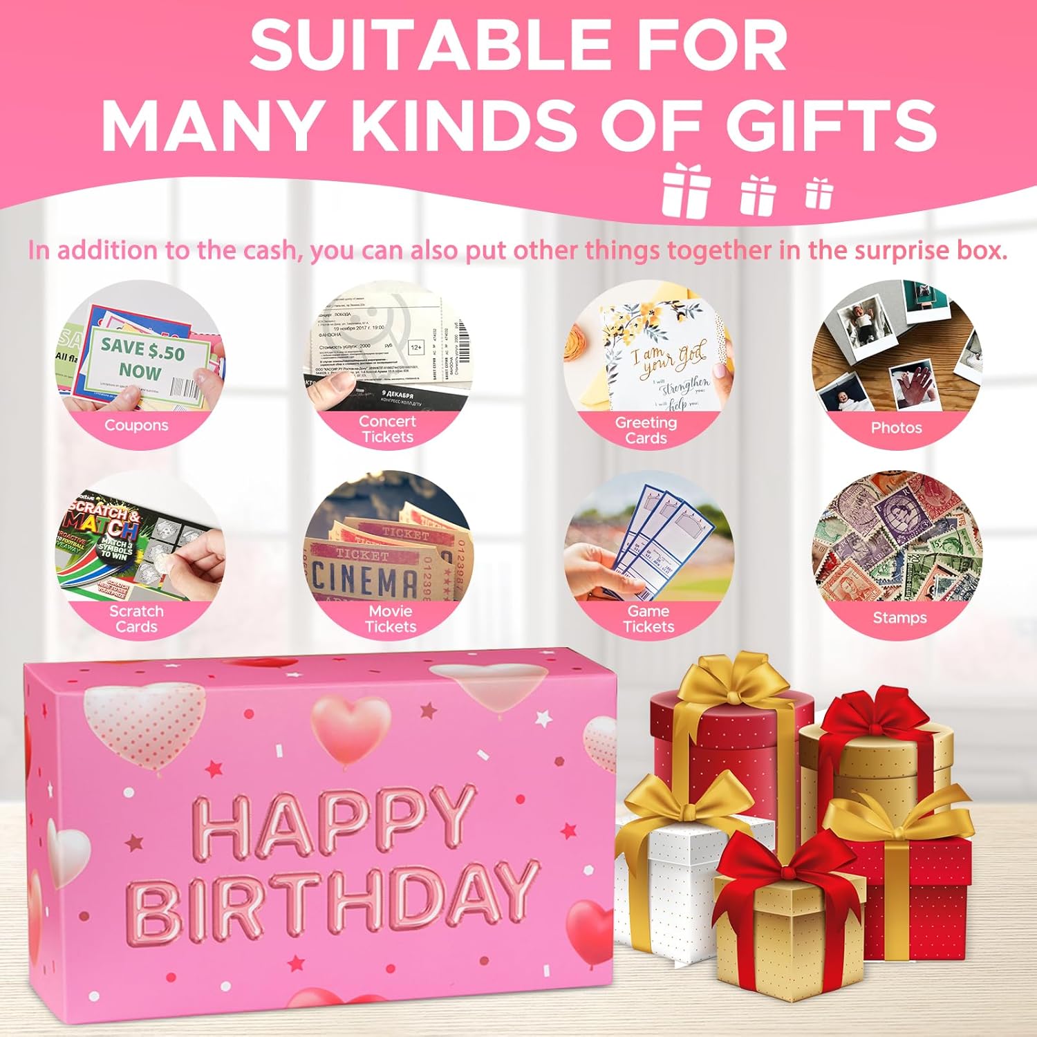 Happy Birthday Surprise Gift Box Explosion for Money - DIY Pop Out Folding Bounce Explosion Gift Box with Confetti - Birthday Money Bank - Cash Gift Idea for Women Men Kids (Pink)