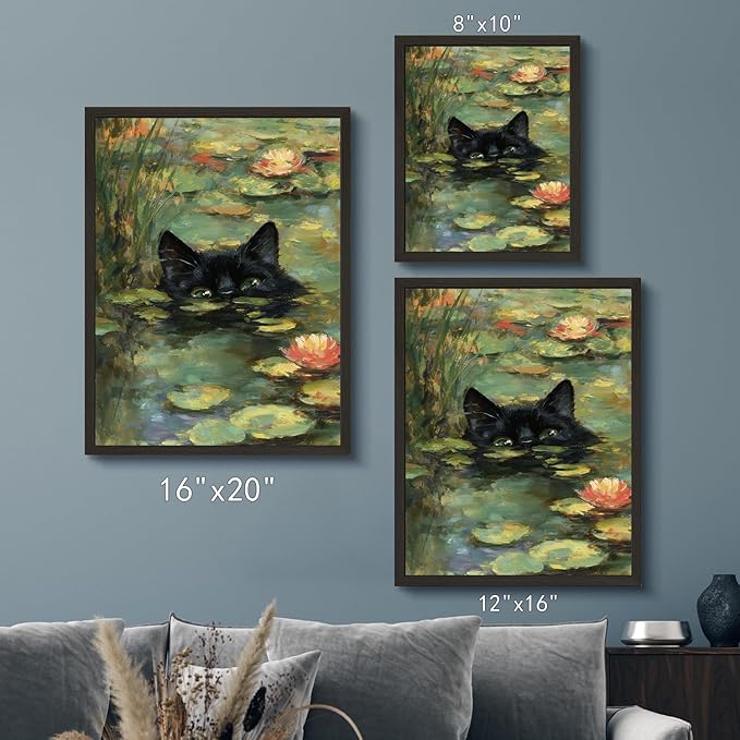 Monet Prints Vintage Cat Wall Art Print Cat In Water Lilies Posters Retro Canvas Art Wall Decor Picture For Bedroom Dorm living room Bathroom Wall Decor Aesthetic Home Artwork 16" × 20" With Framed