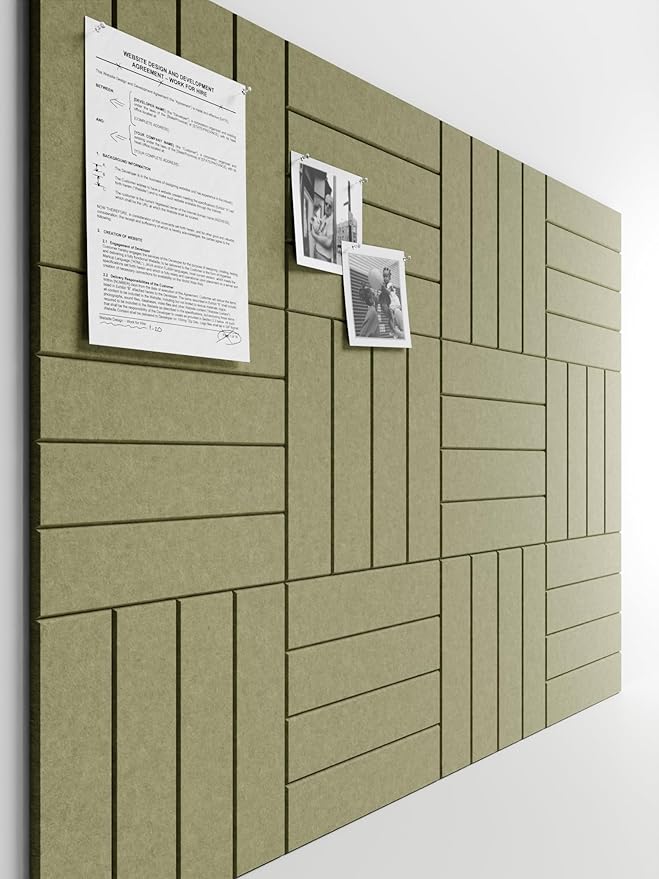 Bumusty Large Cork Board Alternative-47 x35 Felt Bulletin Board Tiles, with 30 Pushpins, 70 Adhesive Tabs, 12-Pack Slat Wall Paneling, Cork Boards for Office Push Pin Board Felt Board-Olive Green