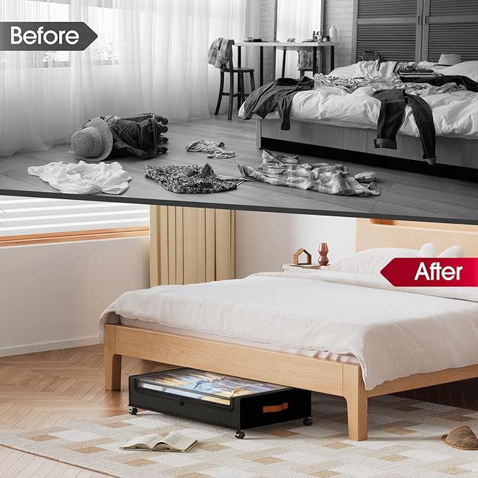 Yecaye 4 Pack Under Bed Storage with Wheels, Under Bed Storage Containers with Lids, Large Under Bed Rolling Storage with Clear Window & Label, Rolling Drawers for Clothes, Blankets, Books