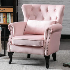Set of 2 Mid Century Modern Accent Chair for Living Room, Velvet Armchair with Tufted Back and Wood Legs, Upholstered Lounge Armchair Single Sofa for Bedroom, Light Pink
