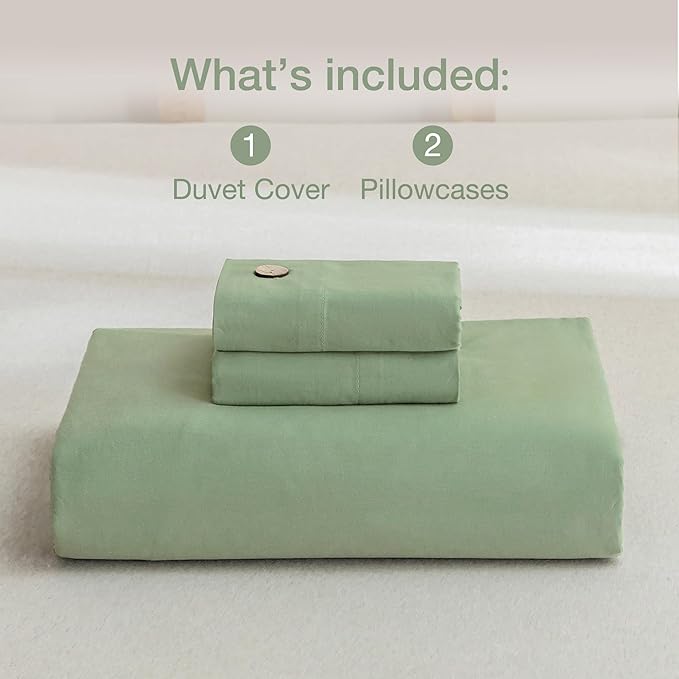 JELLYMONI Cotton Duvet Cover Full Size - Light Green Comforter Cover with Button 100% Washed Cotton 3PCS Breathable Soft Solid Bedding Set Duvet Cover 80×90in & 2 Pillowcases (NO Comforter)