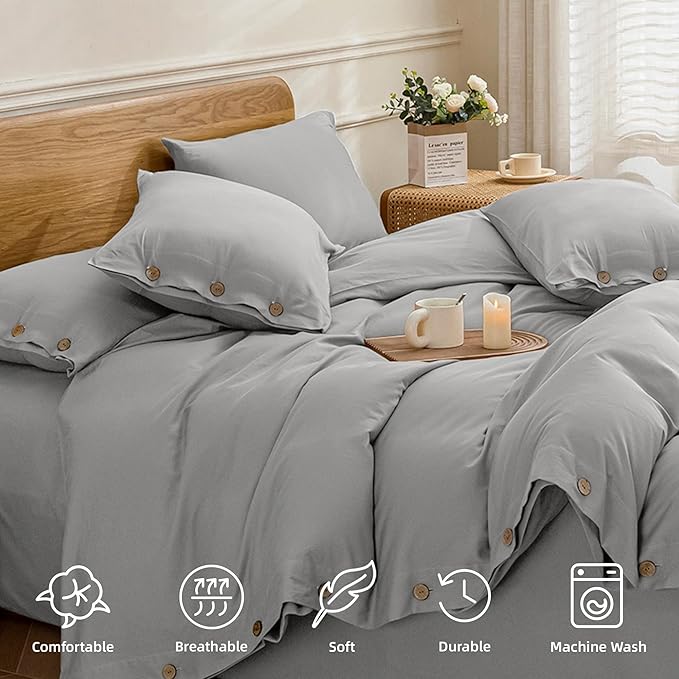 JELLYMONI Cotton Duvet Cover Queen Size - Light Gray Comforter Cover with Button 100% Washed Cotton 3PCS Breathable Soft Solid Bedding Set Duvet Cover 90×90in & 2 Pillowcases (NO Comforter)