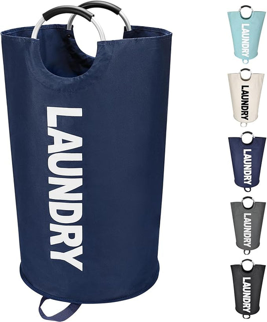 90L Large Laundry Basket, Freestanding Tall Clothes Hamper, Collapsible Laundry Bag, Dark Blue