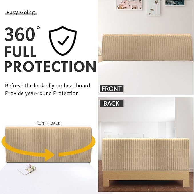 Easy-Going Stretch Bed Headboard Cover,Small Square Jacquard Headboard Slipcover, Dustproof Bed Head Cover for Bedroom (Queen,Sand)