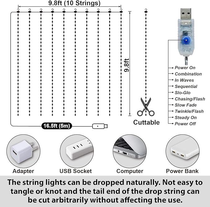 HXWEIYE 300LED Fairy Curtain Lights, 9.8x9.8Ft USB Plug-in 8 Modes Christmas String Hanging Lights with Remote for Bedroom Backdrop Wedding Indoor Wall Decor, Purple, Tangle-Free – 1 Pack