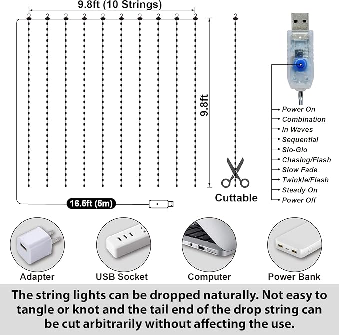 HXWEIYE 300LED Fairy Curtain Lights, 9.8x9.8Ft USB Plug-in 8 Modes Christmas String Hanging Lights with Remote for Bedroom Backdrop Wedding Indoor Wall Decor, Multicolor, Tangle-Free – 1 Pack