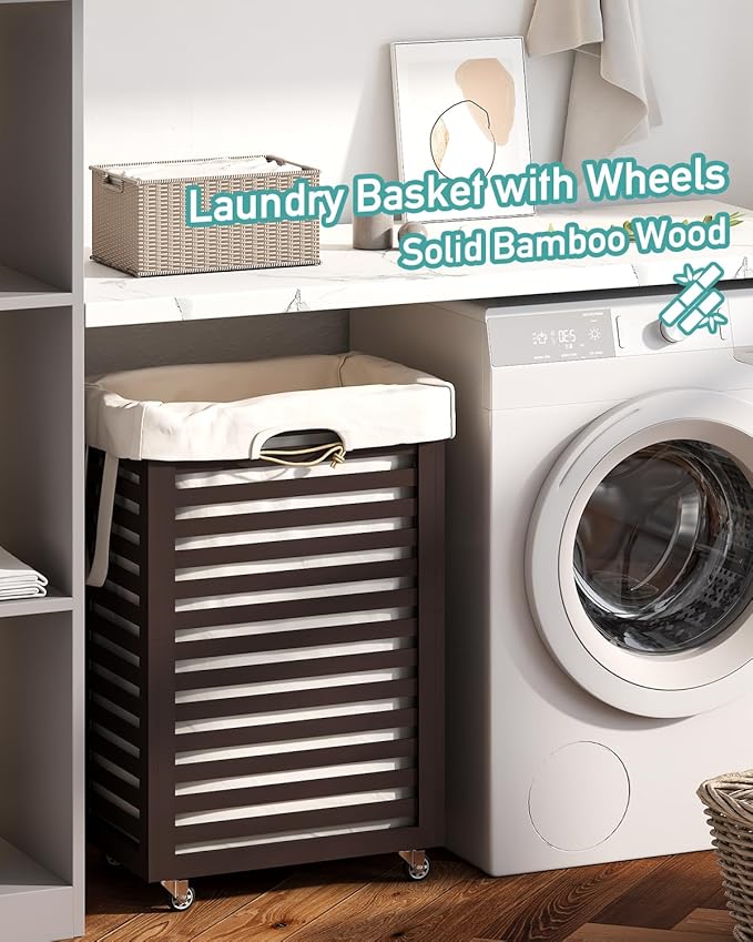 Laundry Hamper with Wheels, 22.7 Gallon (86L) Bamboo Wood Clothes Laundry Basket with Handles, Removable Liner