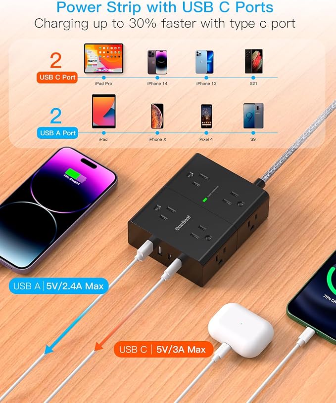 Surge Protector Power Strip 25 Ft Cord, Ultra Thin Flat Extension Cord with 8 Outlets 4 USB Ports(2 USB C), Flat Plug Power Strip, 25 Ft Long Braided Power Cord for College Dorm Room Essentials-BK